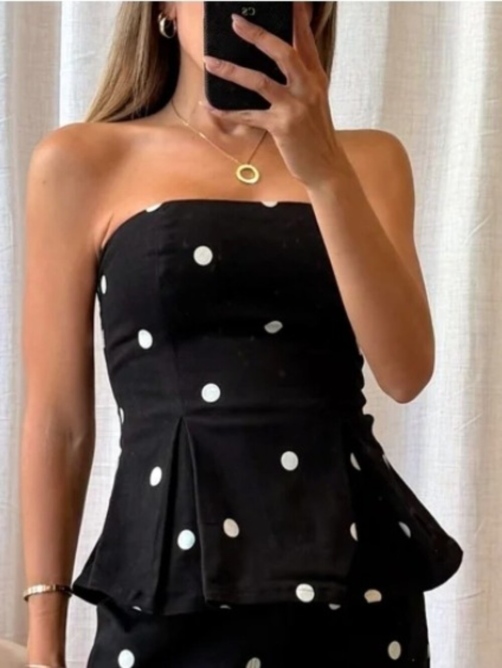 Klesis Black Polka Dot Strapless Peplum Top